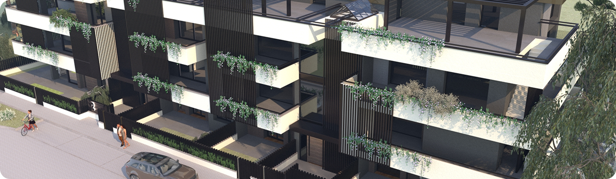 esterni luminosi con legno e finiture in acciaio nero