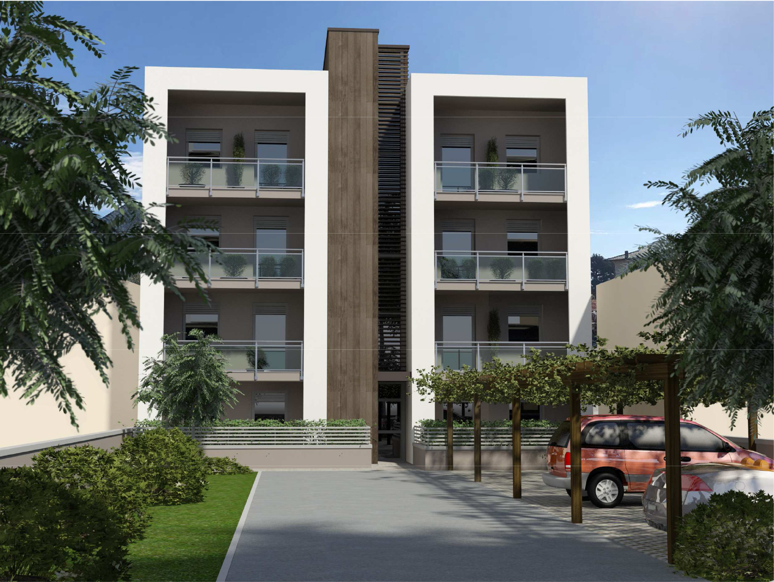 Facciata esterna residenze Empoli con legno e finiture in vetro