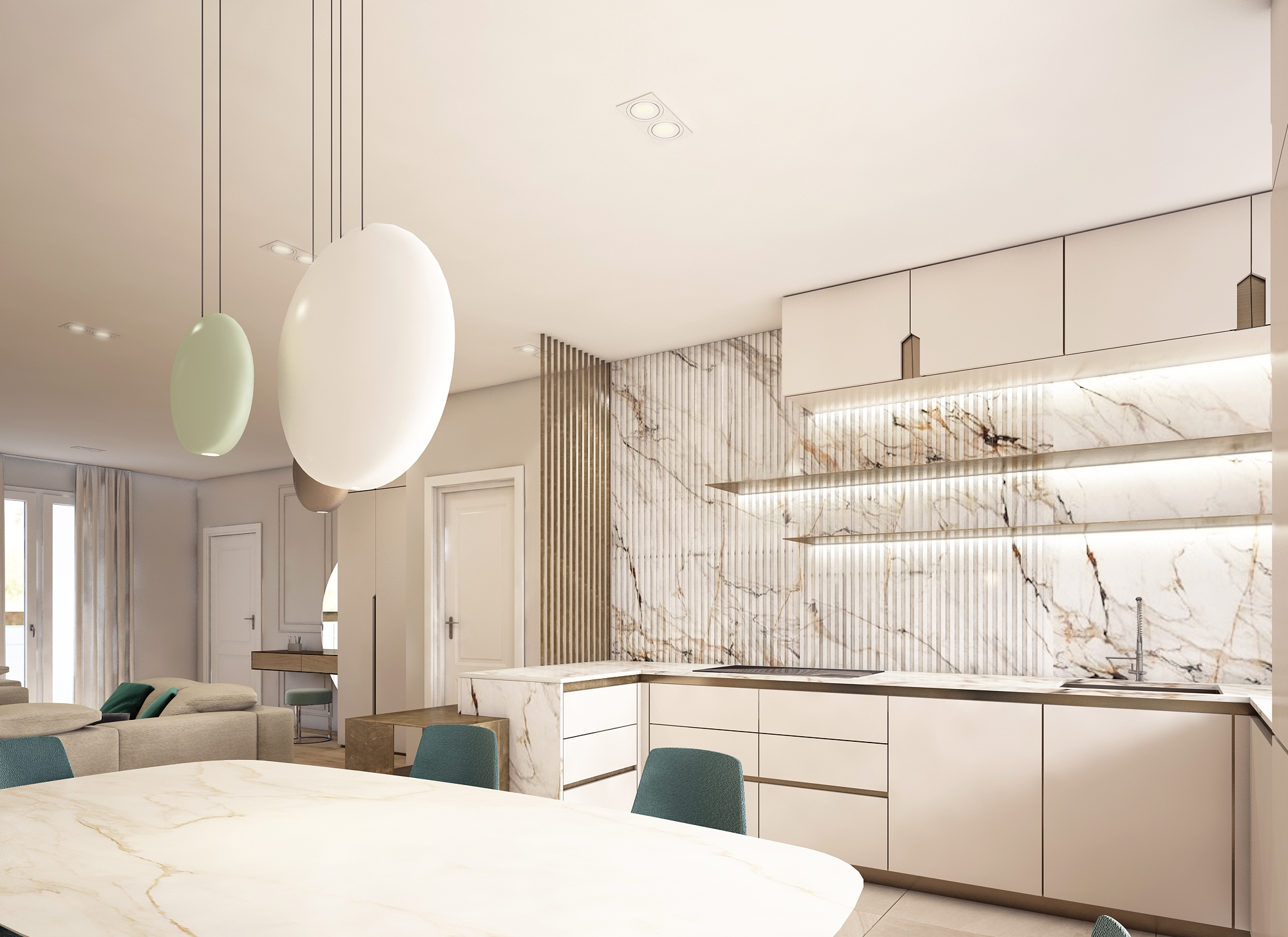 open space con dettaglio su cucina di design